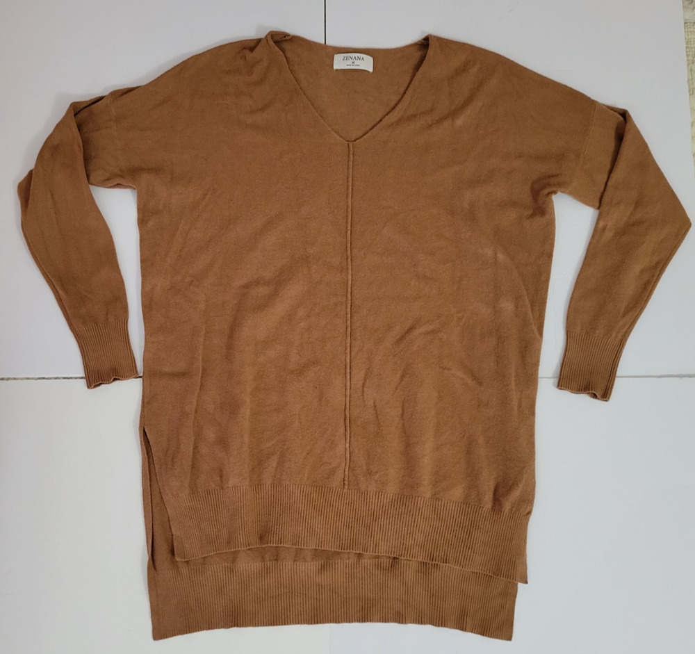 Zenana Womens M Brown V Neck Tunic Sweater Long Sleeve Center Seam Pullover